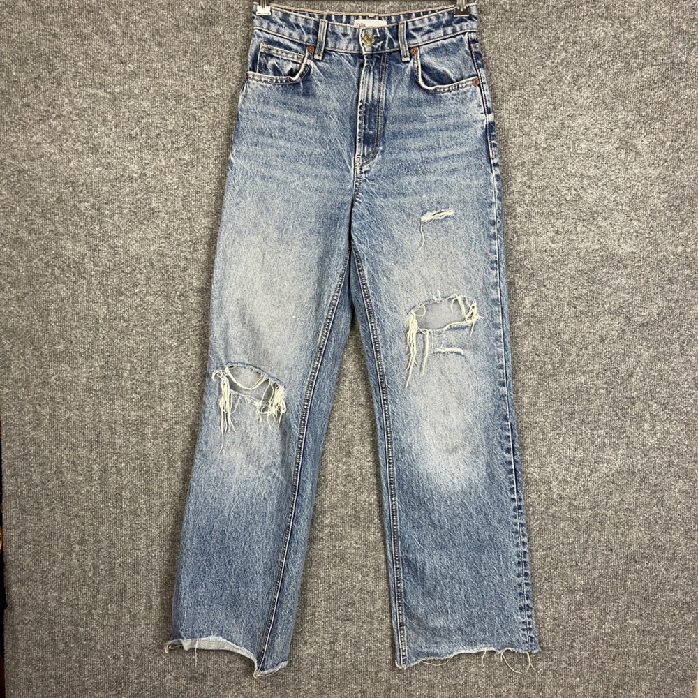 Zara Straight Leg Jeans Womens 4 Blue Good Distressed High Rise Raw Hem Denim